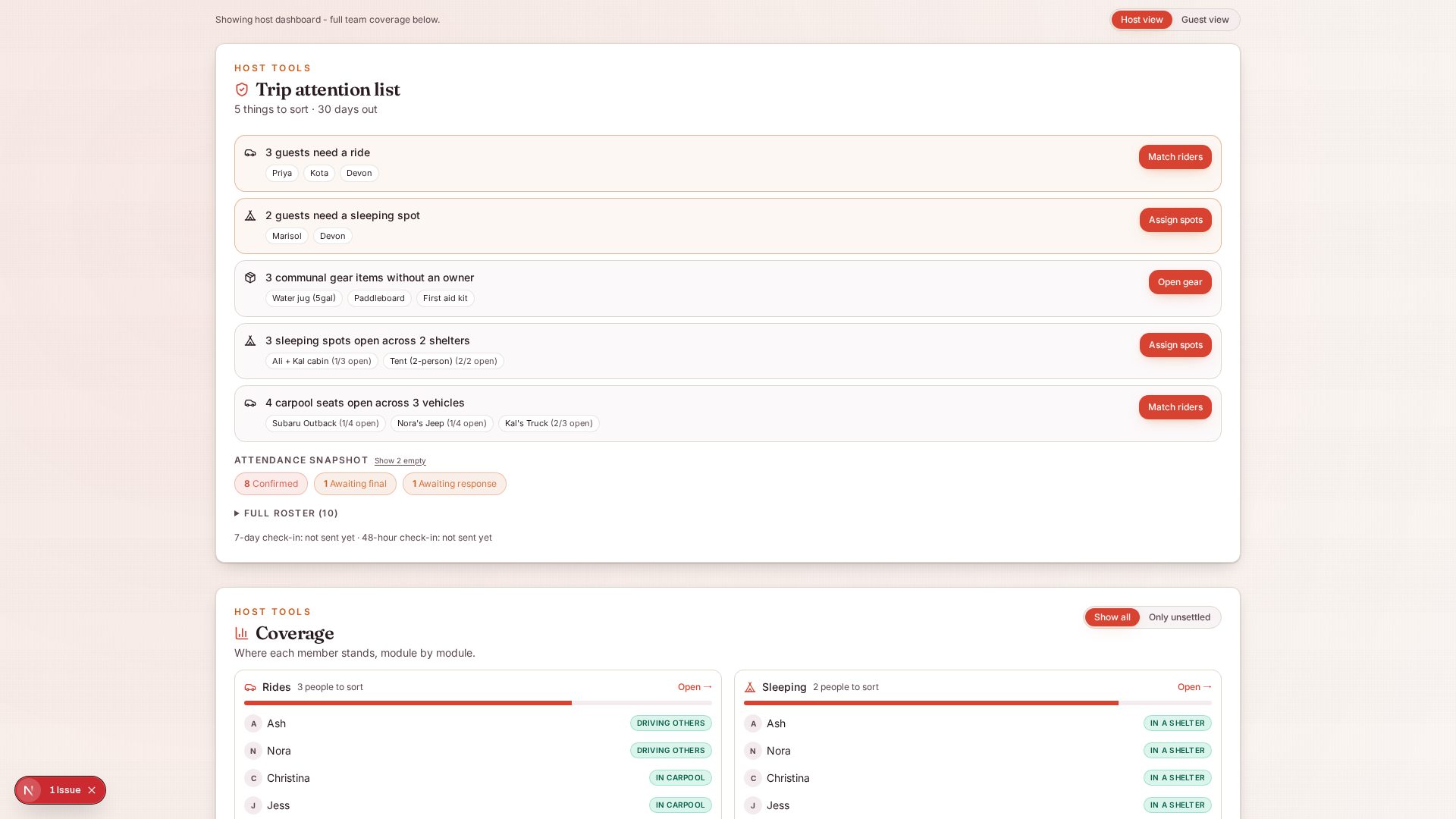 JourneyGrid dashboard showing trip readiness with attendance roster, transport, and sleeping status